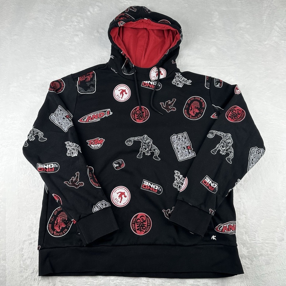AND1 Graphic All Over Print AOP Hoodie Black Red Men's Size XL Y2K Streetwear